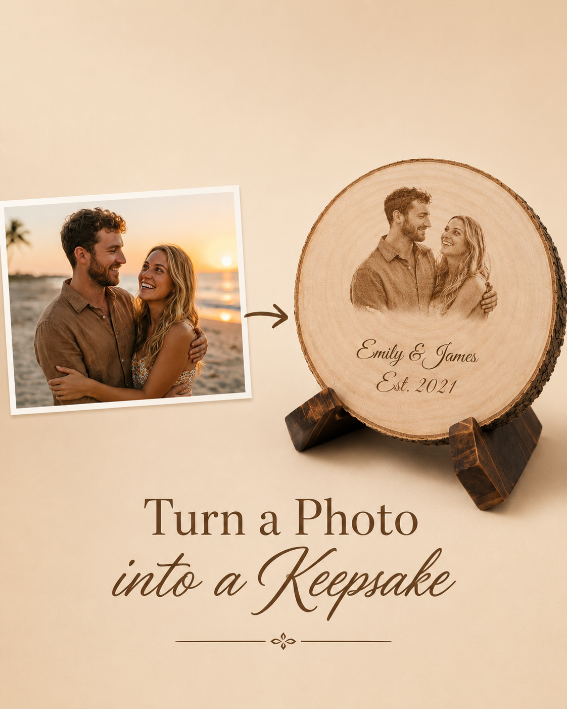 Personalized photo wood slice with custom couple portrait engraving, names, and date displayed on a wooden stand.