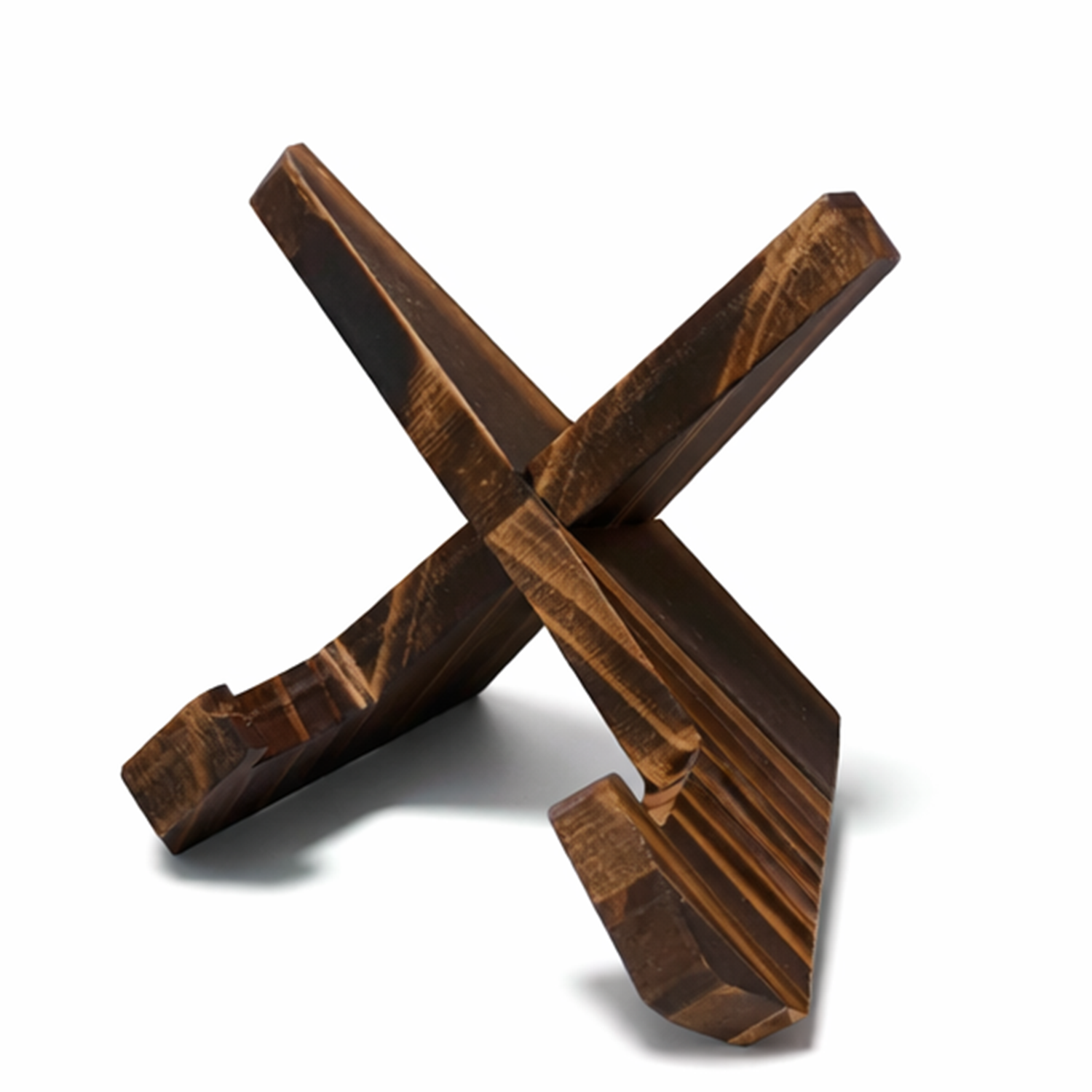 Dark premium X style wooden stand option for displaying a personalized photo wood slice on a shelf, desk, or mantel.