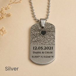 Silver custom map necklace pendant with engraved-effect map, date, names and coordinates